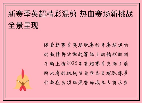新赛季英超精彩混剪 热血赛场新挑战全景呈现