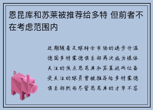 恩昆库和苏莱被推荐给多特 但前者不在考虑范围内